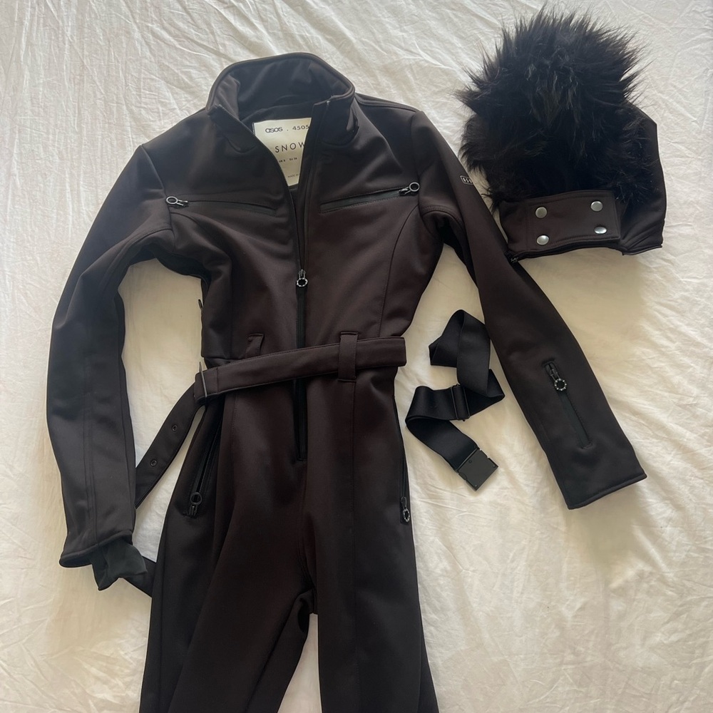 ASOS Women's Black Ski Snow Jumpsuit with Removable Faux Fur Hood
